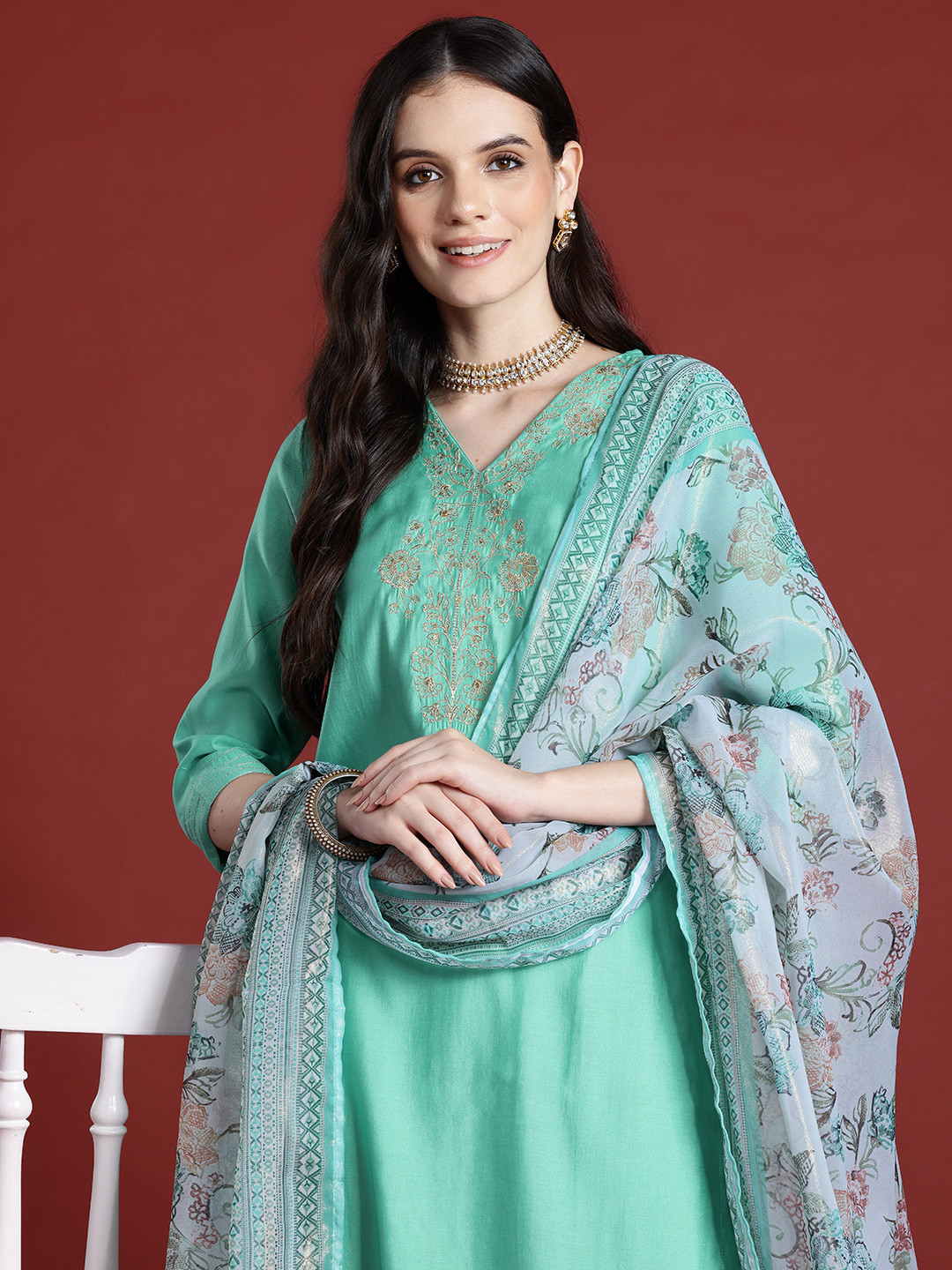 

Anouk Tyohaar Collection Yoke Design Sequinned Kurta with Trousers & Dupatta, Sea green