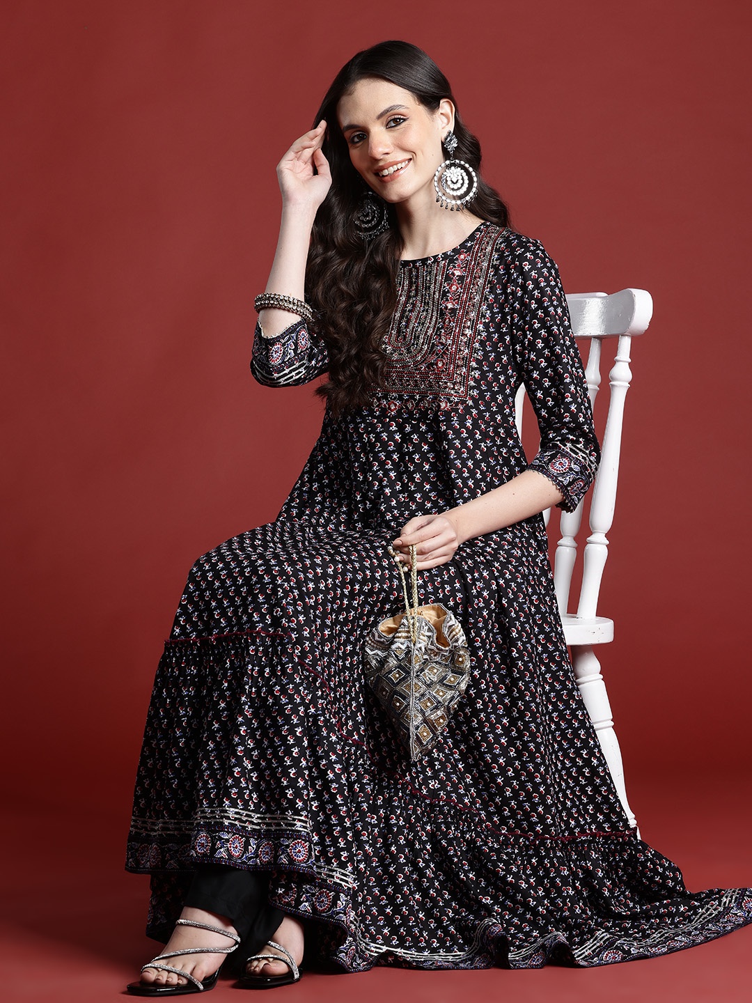 

Anouk Ethnic Motifs Print Sequinned Kurta, Black