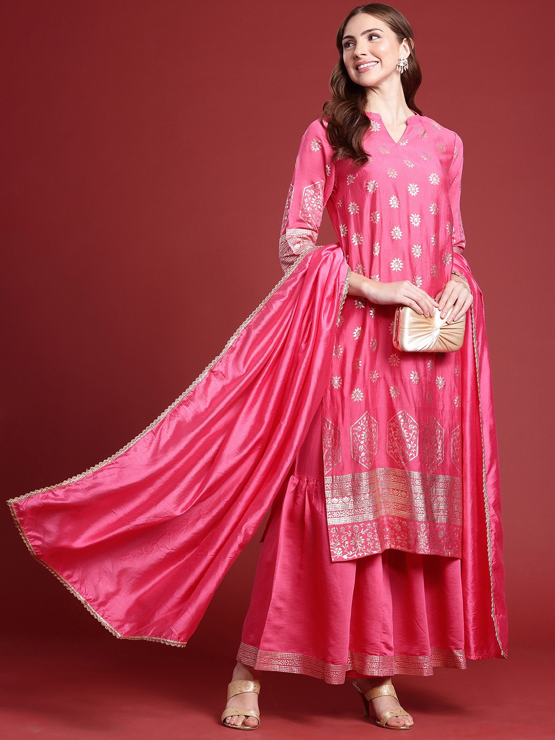 

Anouk Indie Floral Printed Kurta With Sharara & With Dupatta, Pink