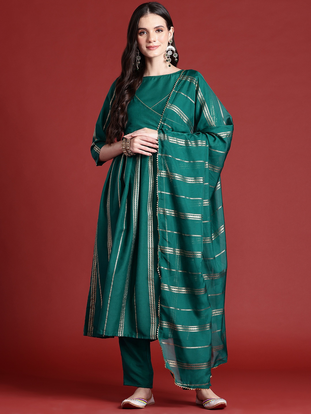 

Anouk Striped A-Line Kurta with Trousers & Dupatta, Green