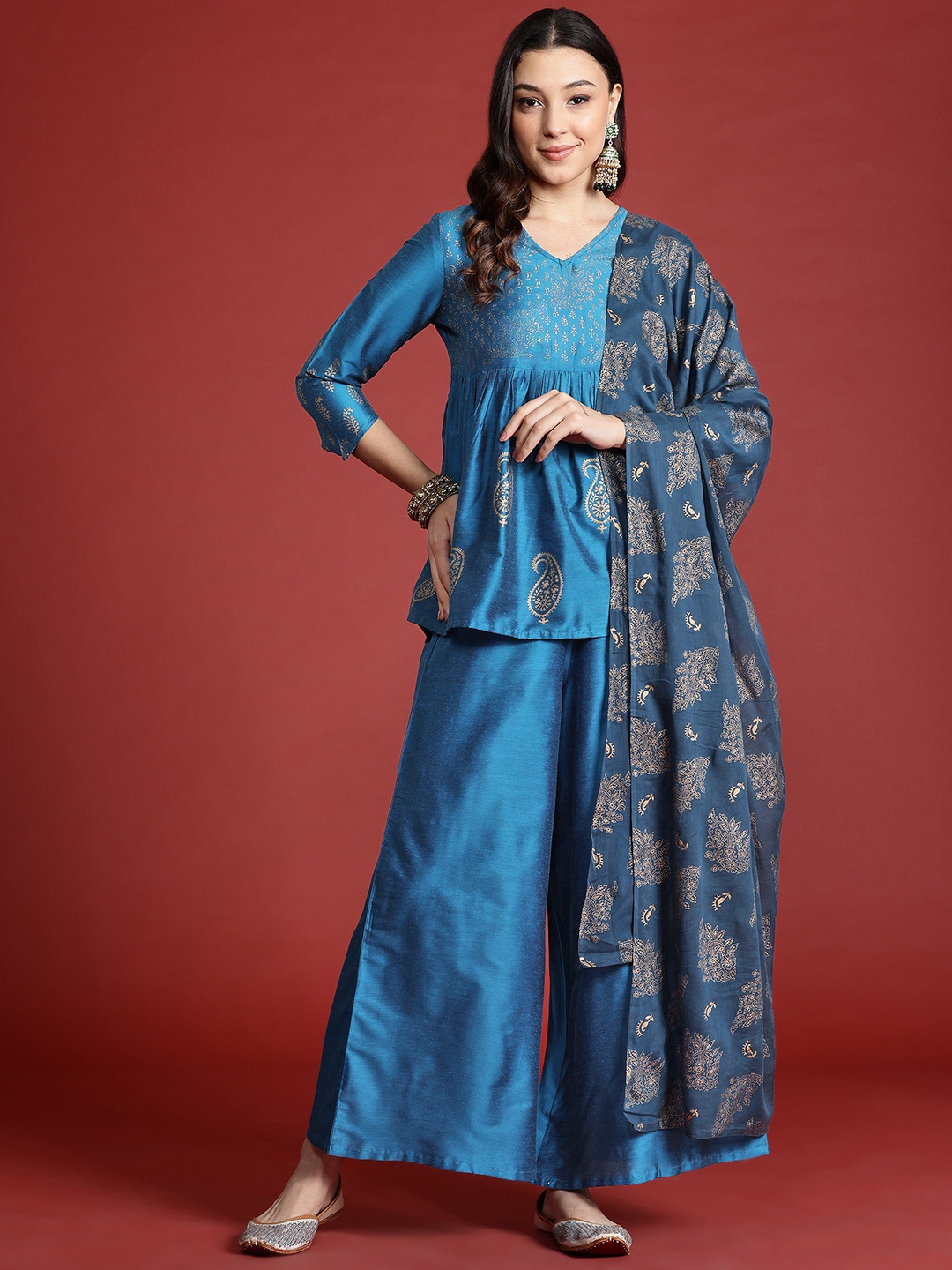 

Anouk Tyohar Collection Paisley Print Pleated Kurti with Palazzos & Dupatta, Blue