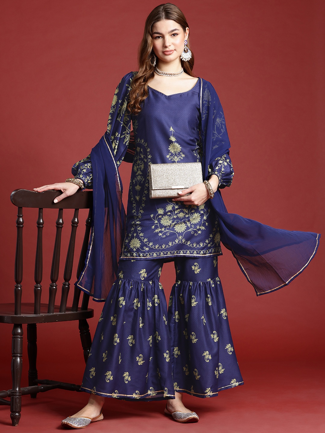 

Anouk Paisley Printed Regular Kurta With Sharara & Dupatta, Navy blue