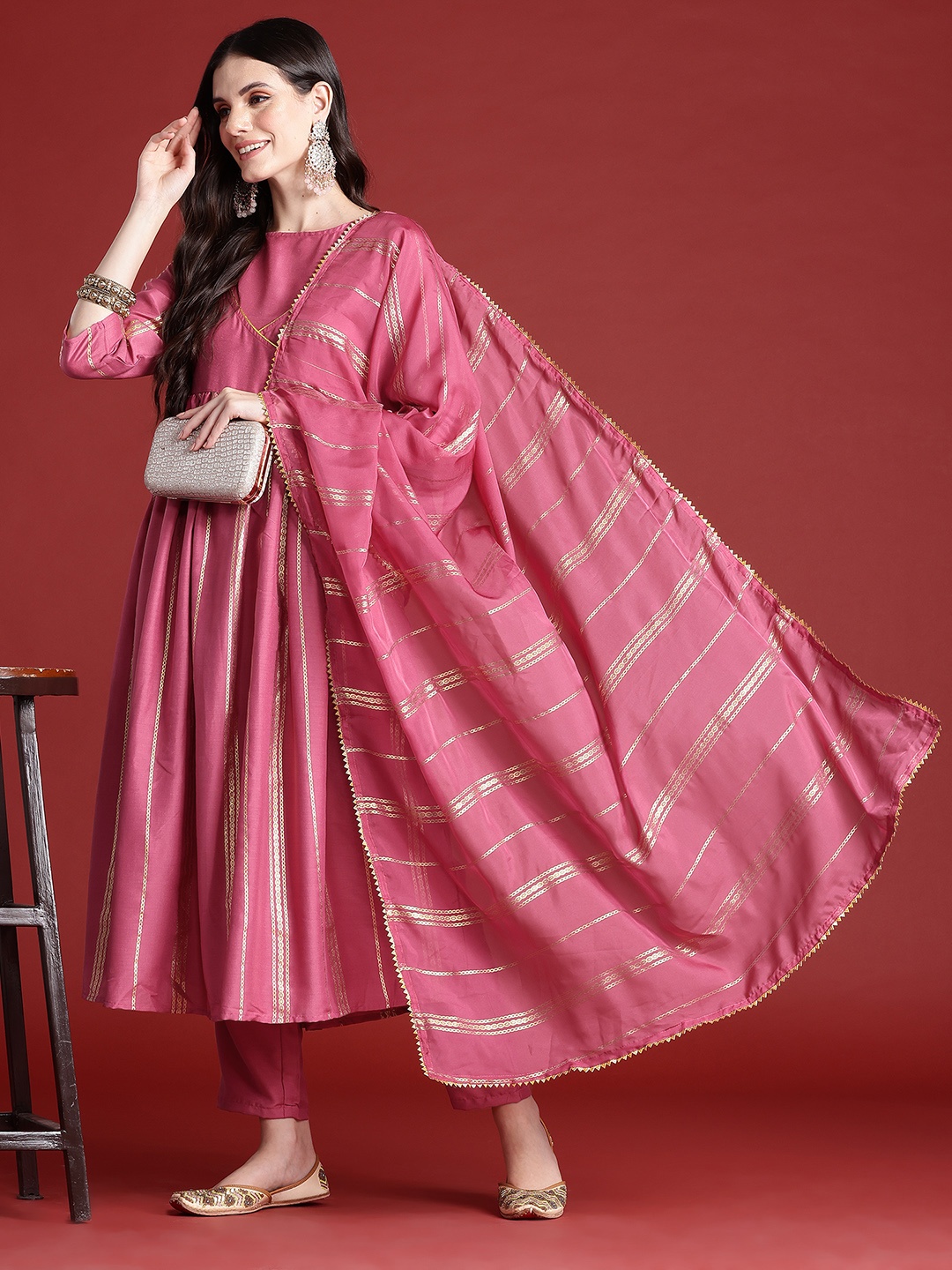 

Anouk Striped A-Line Kurta with Trousers & Dupatta, Pink