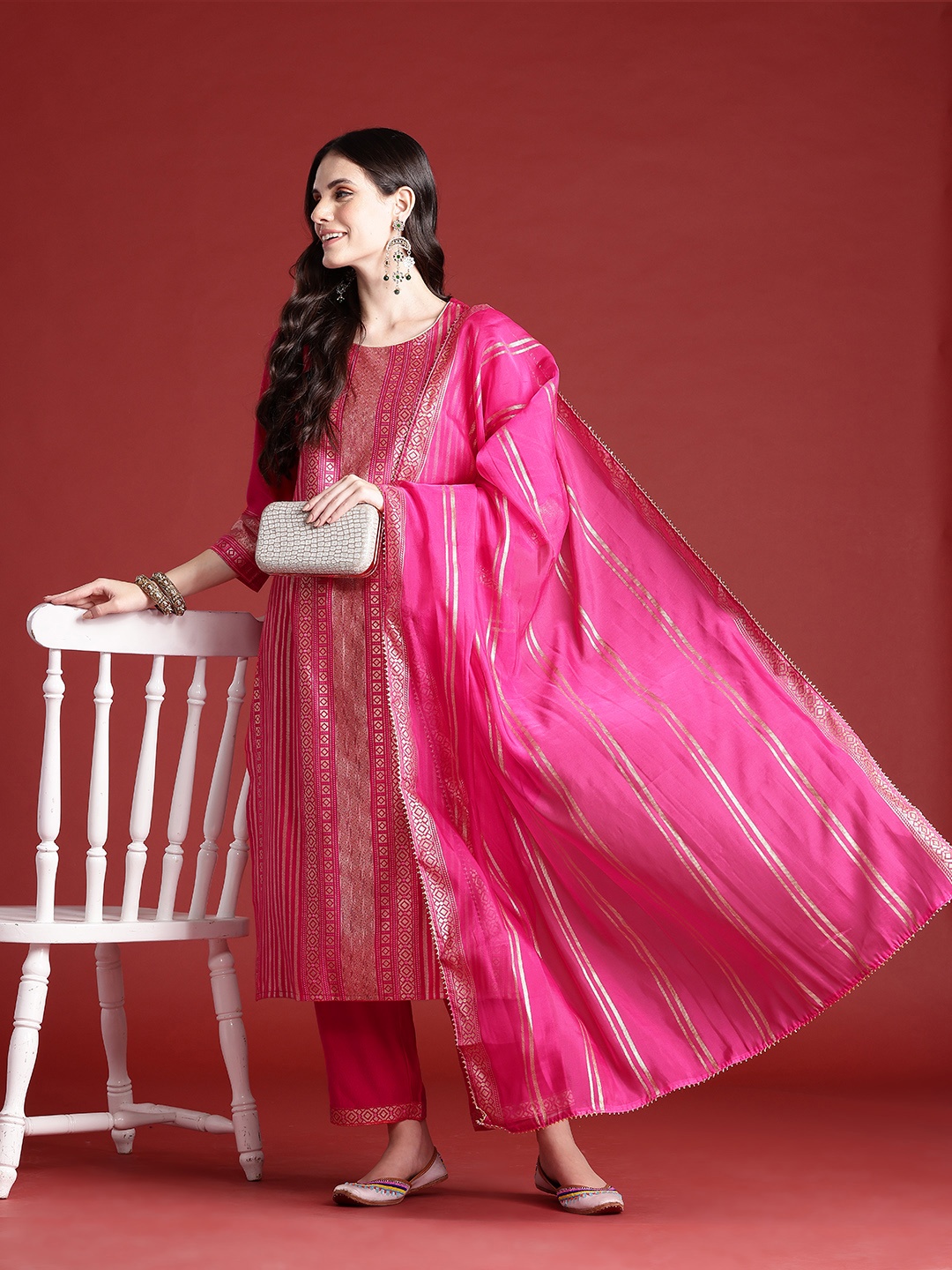 

Anouk Tyohaar Collection Printed Panelled Kurta with Palazzos & Dupatta, Fuchsia