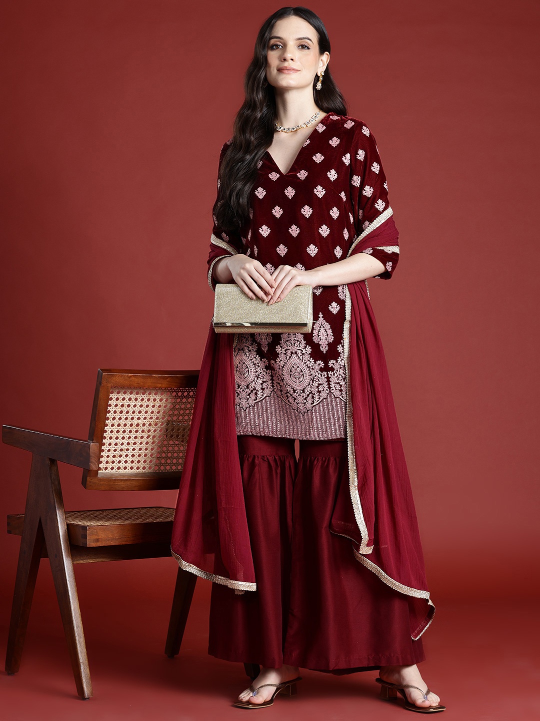 

Anouk Tyohaar Collection Velvet Finish Printed Kurta with Sharara & Dupatta, Maroon