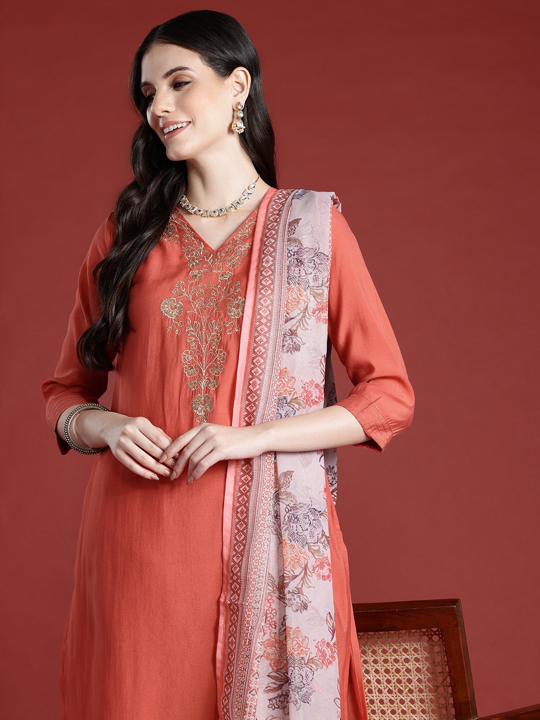 

Anouk Embroidered Kurta Set With Printed Dupatta, Peach