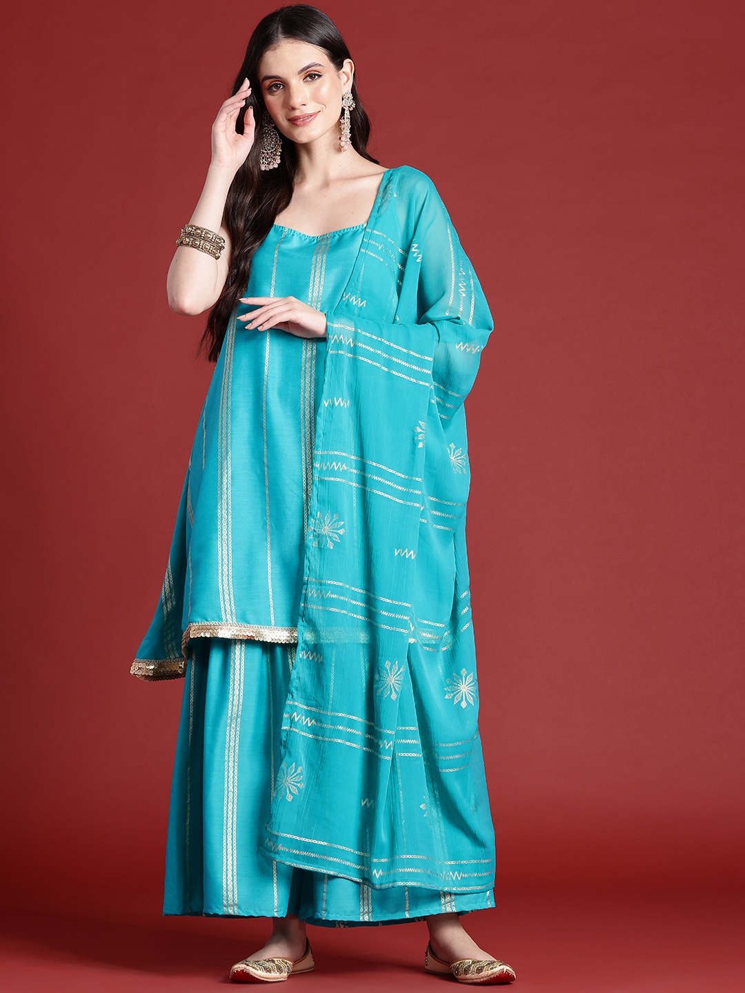 

Anouk Ethnic Motifs Print Gotta Patti Kurta with Sharara & Dupatta, Turquoise blue