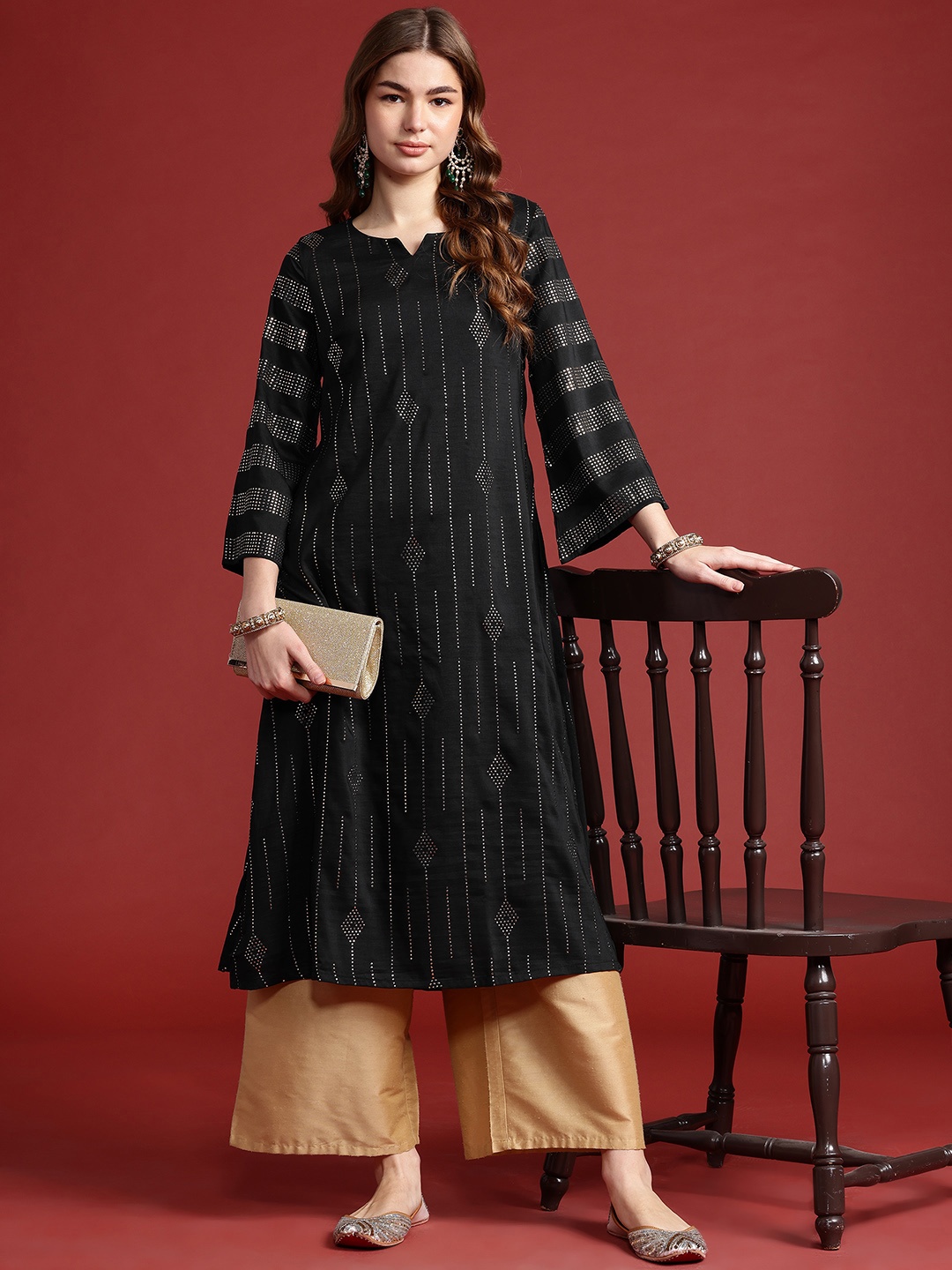 

Anouk Tyohaar Collection Embellished Flared Sleeves Kurta, Black