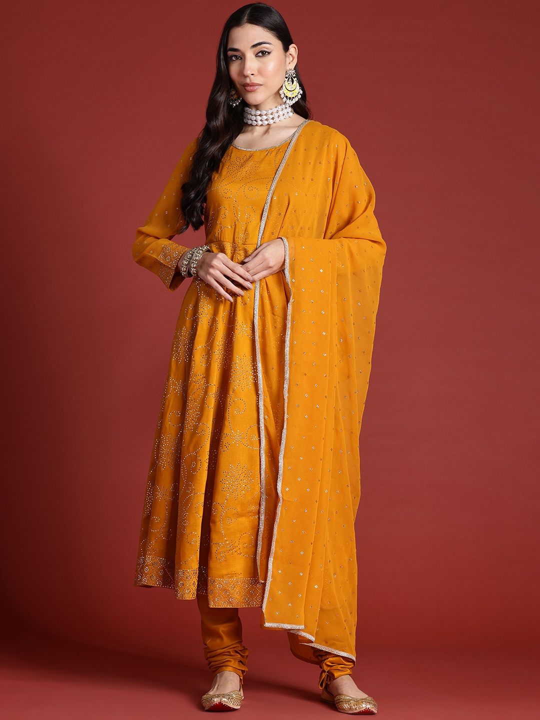 

Anouk Floral Beads Embellished Empire Style Anarkali Kurta with Churidar & Dupatta, Mustard