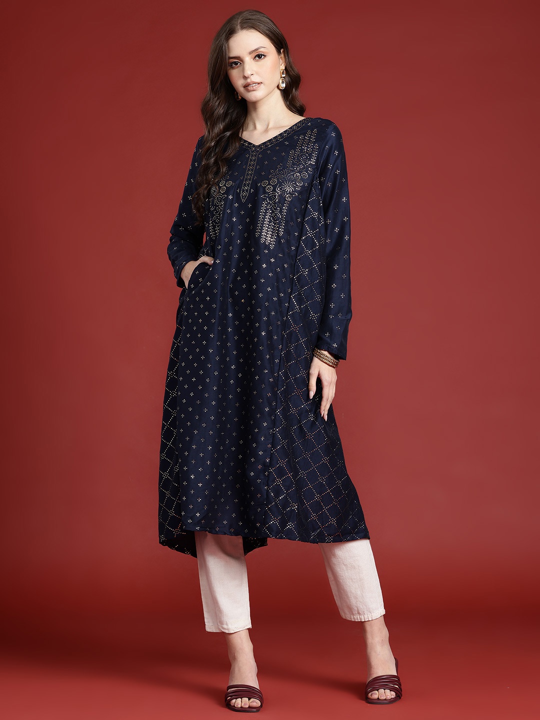 

Anouk Tyohaar Collection Embellished A-Line Kurta, Navy blue
