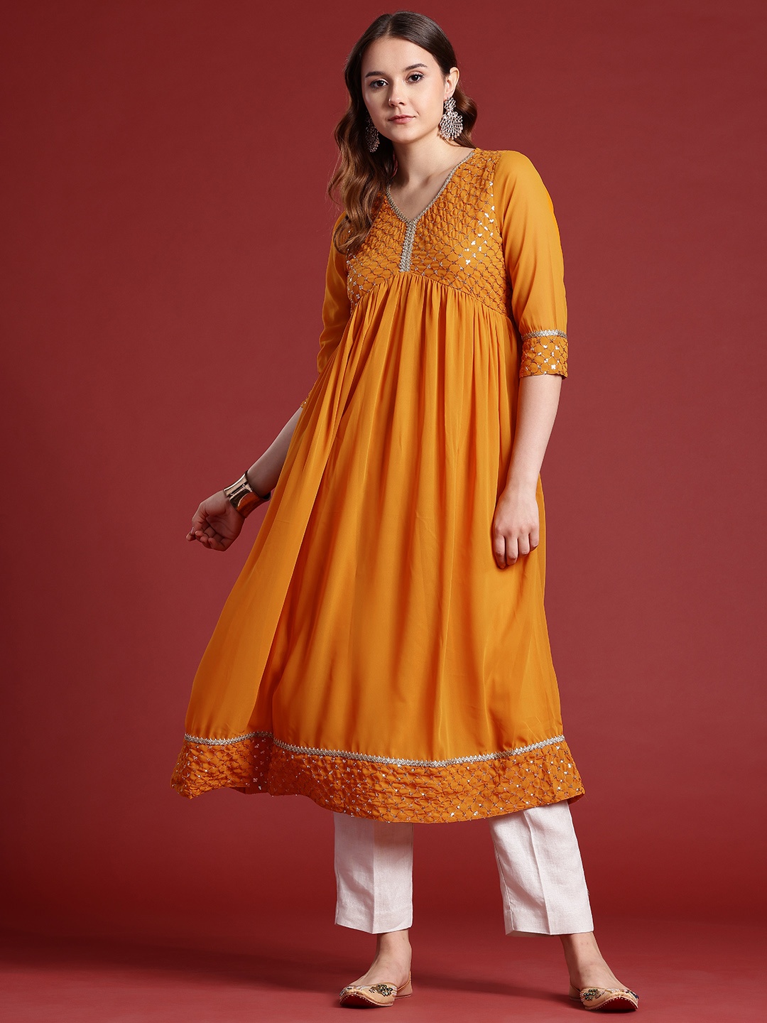 

Anouk Yoke Design Sequinned A-Line Kurta, Mustard