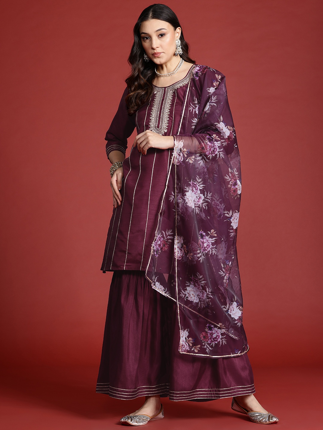 

Anouk Women Embroidered Zari Kurta with Sharara & Dupatta, Maroon
