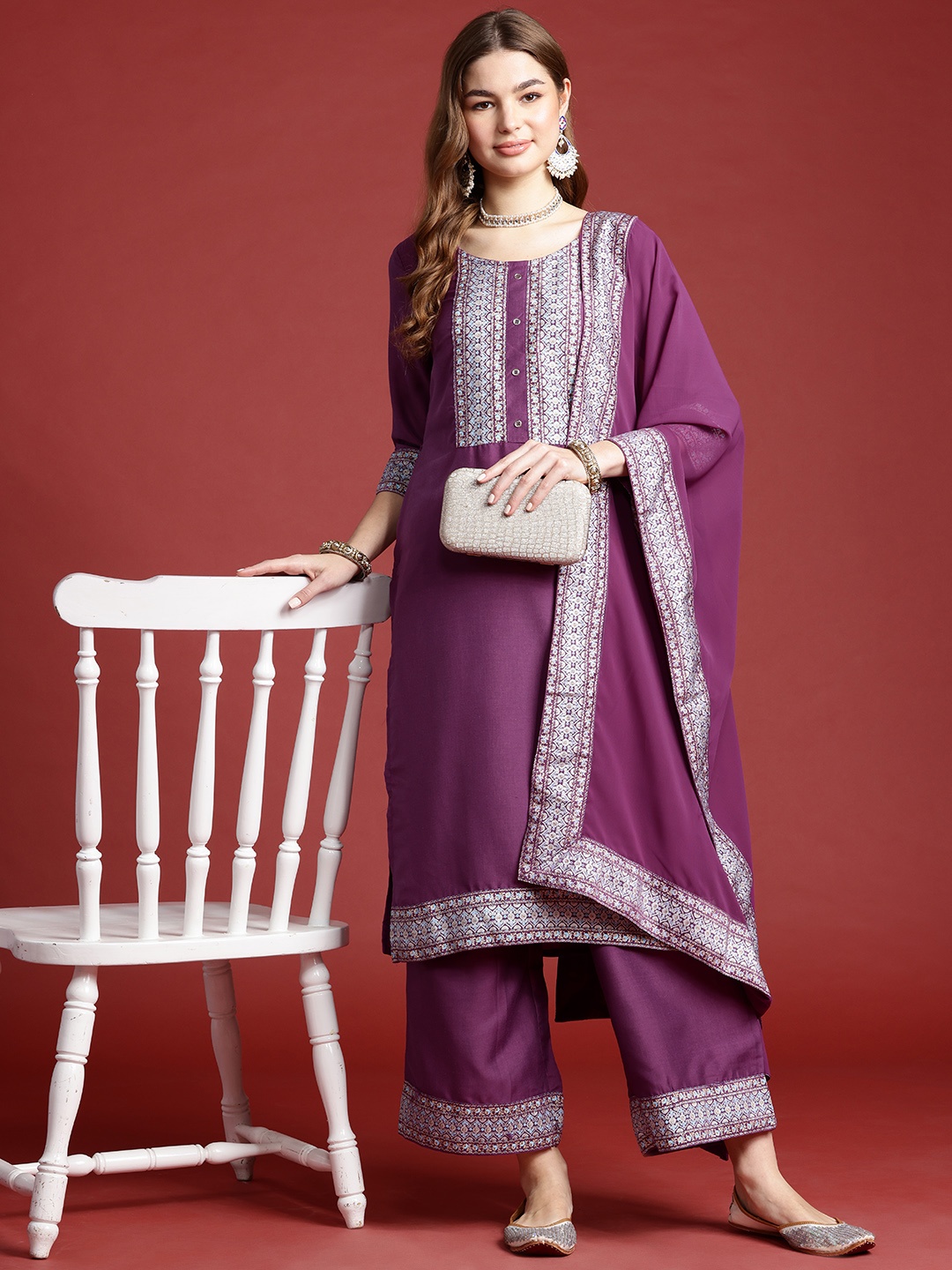 

Anouk Ethnic Motifs Regular Kurta With Palazzos & Dupatta, Purple
