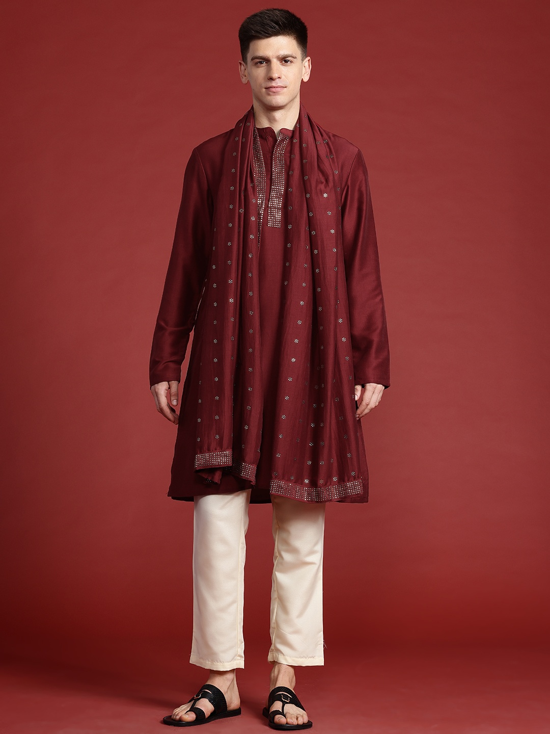 

Anouk Printed Regular Mukaish Kurta with Trousers & With Dupatta, Maroon