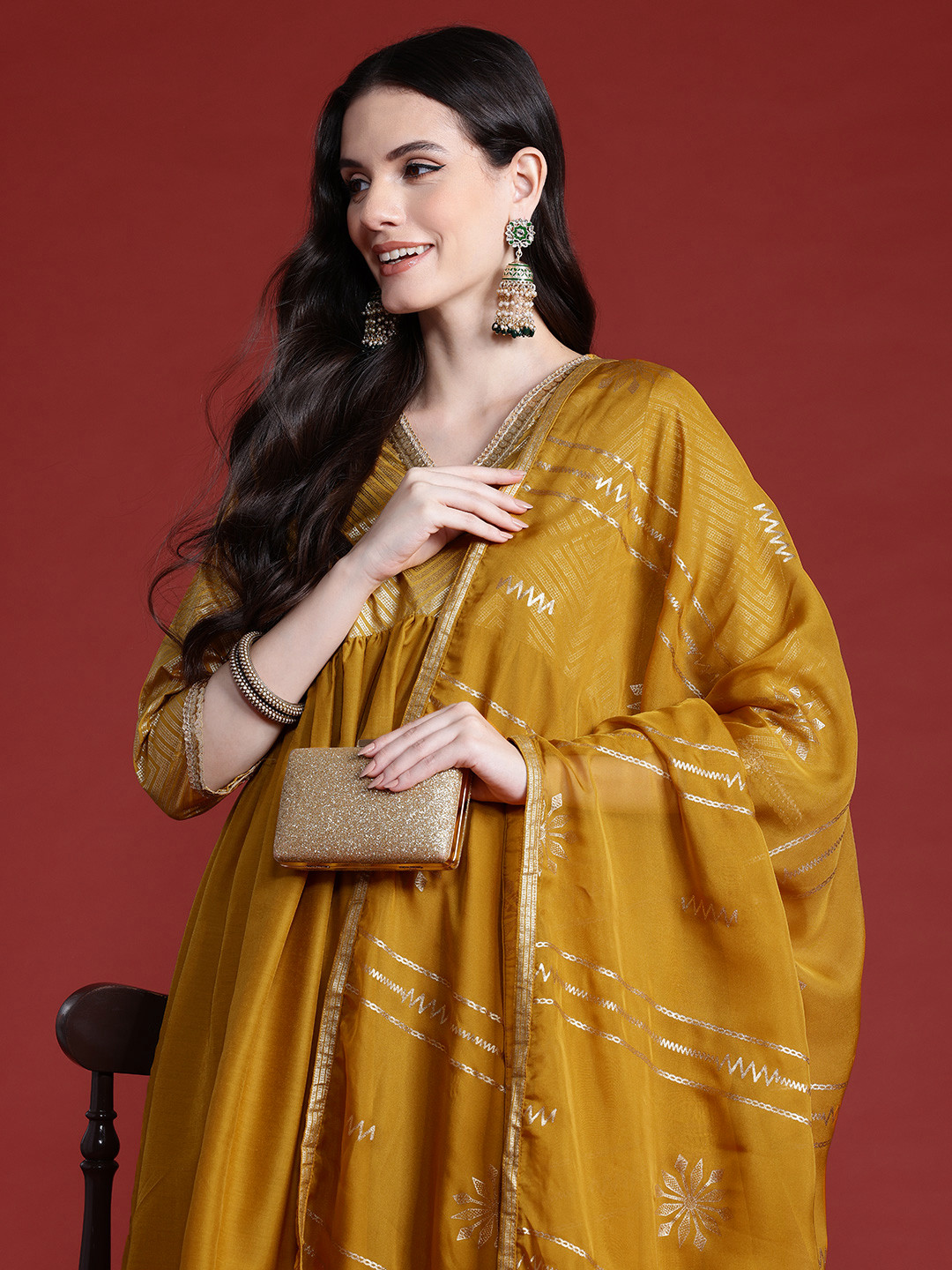

Anouk Printed Panelled Sequinned Kurta with Sharara & Dupatta, Mustard