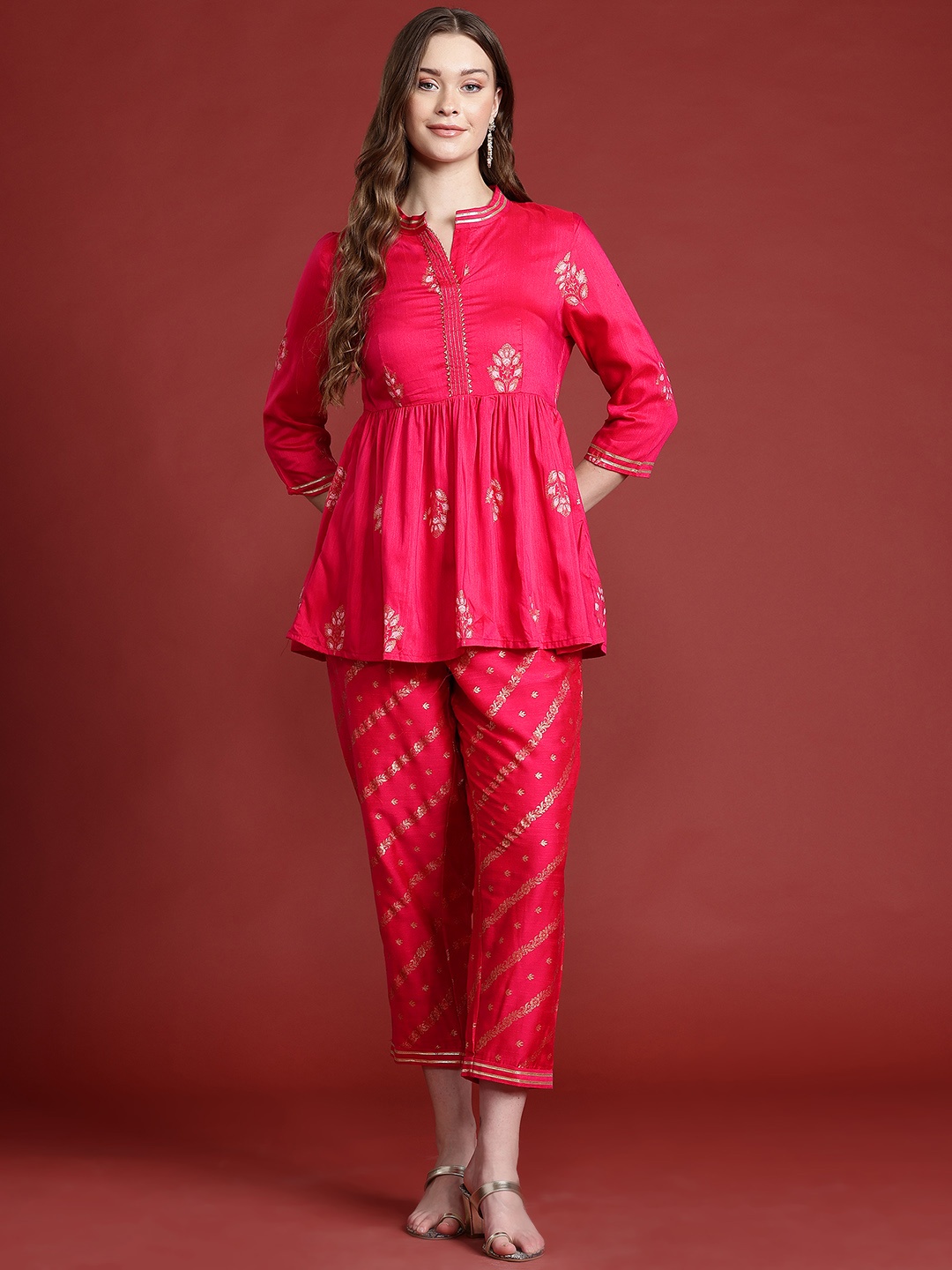 

Anouk Ethnic Motifs Printed Pleated Gotta Patti Kurta with Trousers, Pink