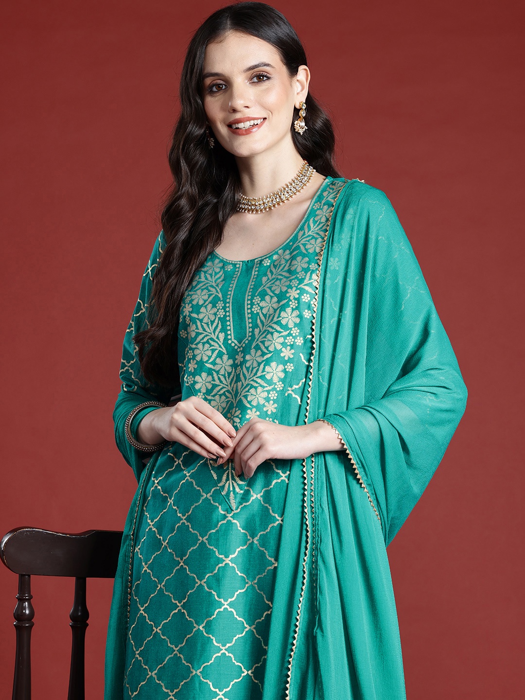 

Anouk Printed Kurta With Palazzos & Dupatta, Green