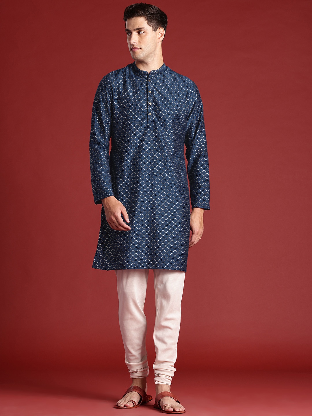 

Anouk Men Printed Regular Kurta with Churidar, Navy blue