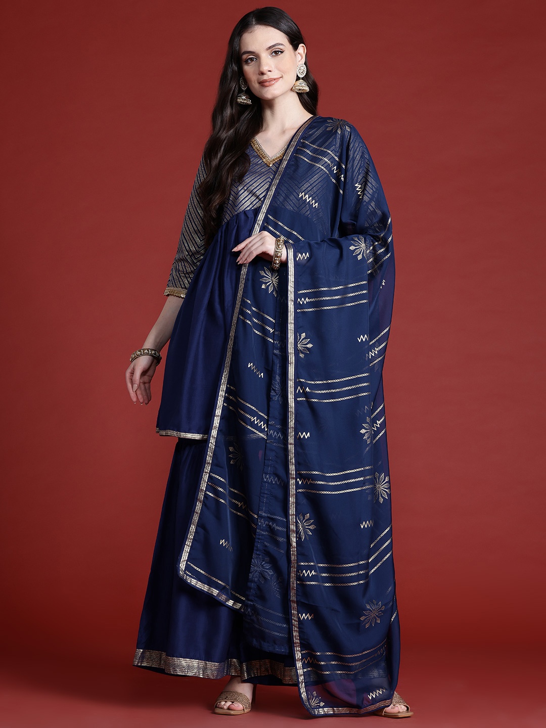 

Anouk Printed Panelled Sequinned Kurta with Sharara & Dupatta, Navy blue
