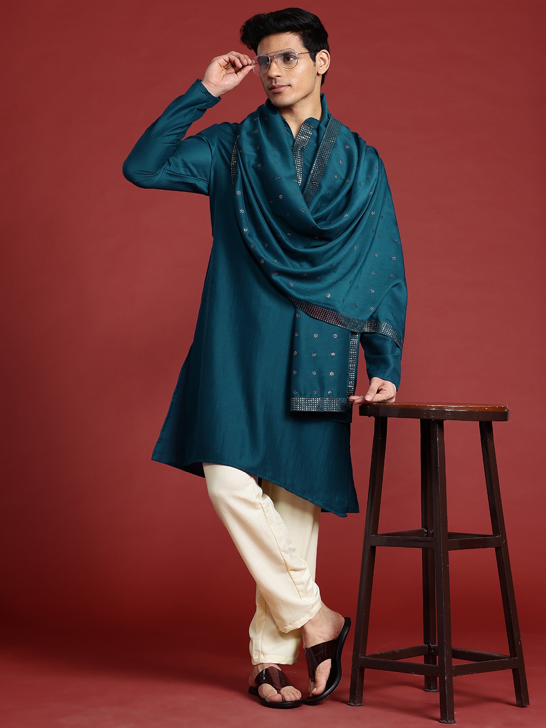 

Anouk Printed Regular Mukaish Kurta with Trousers & With Dupatta, Teal