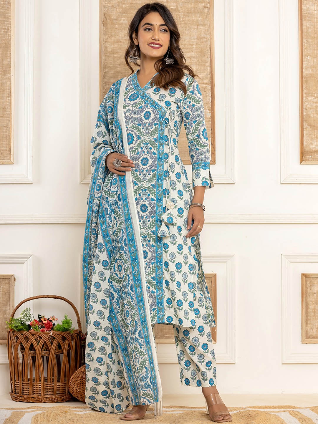 

Yufta Turquoise Blue Printed Sequinned Pure Cotton Straight Kurta With Trousers & Dupatta