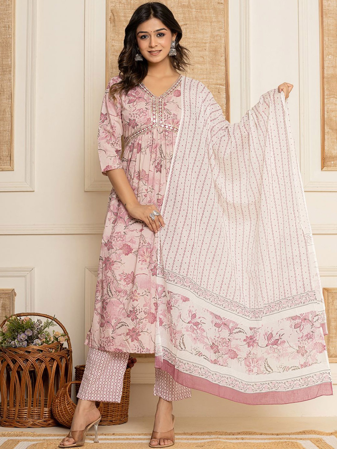 

Yufta Pink Printed Mirror Work Pure Cotton Empire Straight Kurta With Trousers & Dupatta