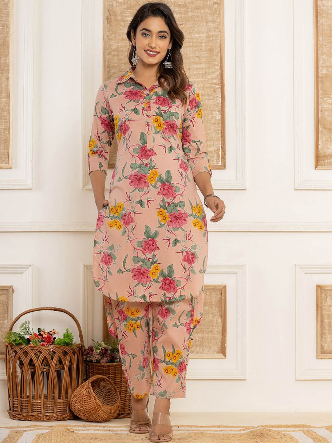 

Yufta Floral Printed Pure Cotton Ethnic Tunic With Trousers, Pink