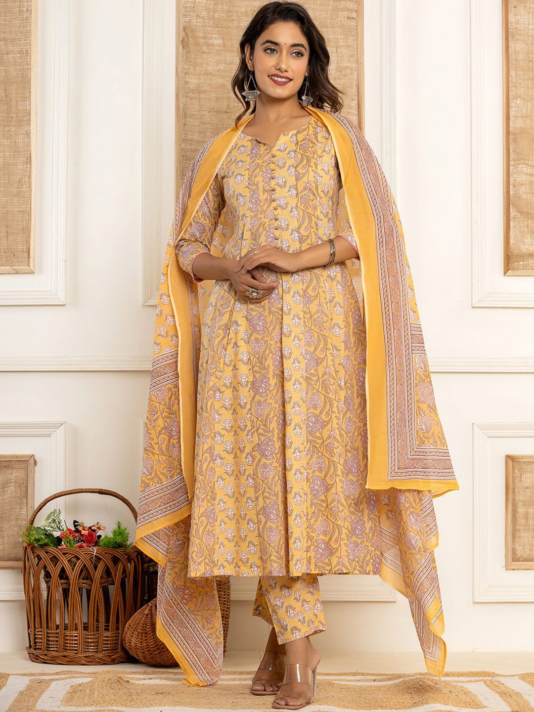 

Yufta Mustard Yellow Floral Printed Pure Cotton Anarkali Kurta With Trousers & Dupatta