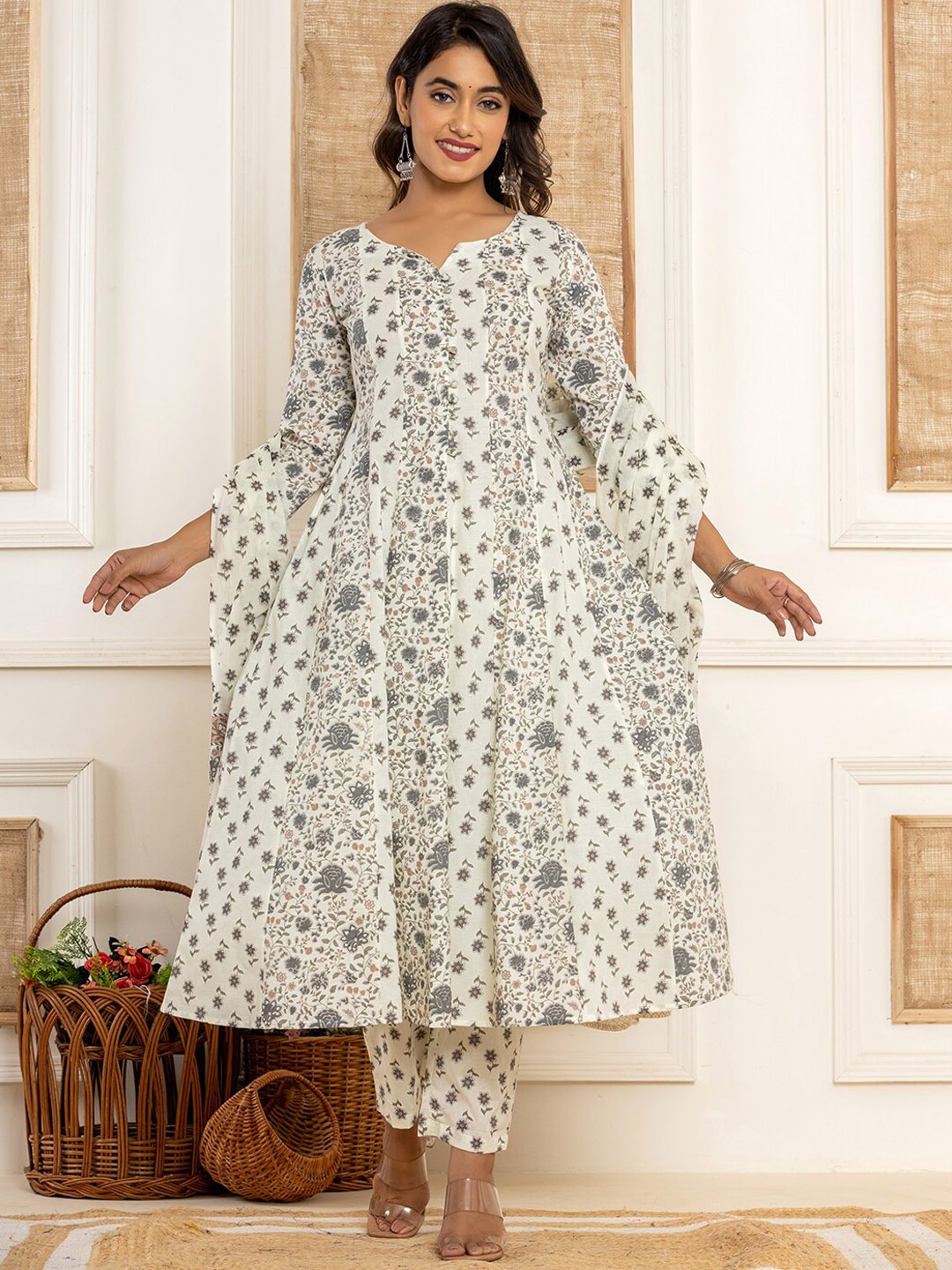 

Yufta Cream Coloured Printed Pure Cotton Panelled Anarkali Kurta With Trousers & Dupatta