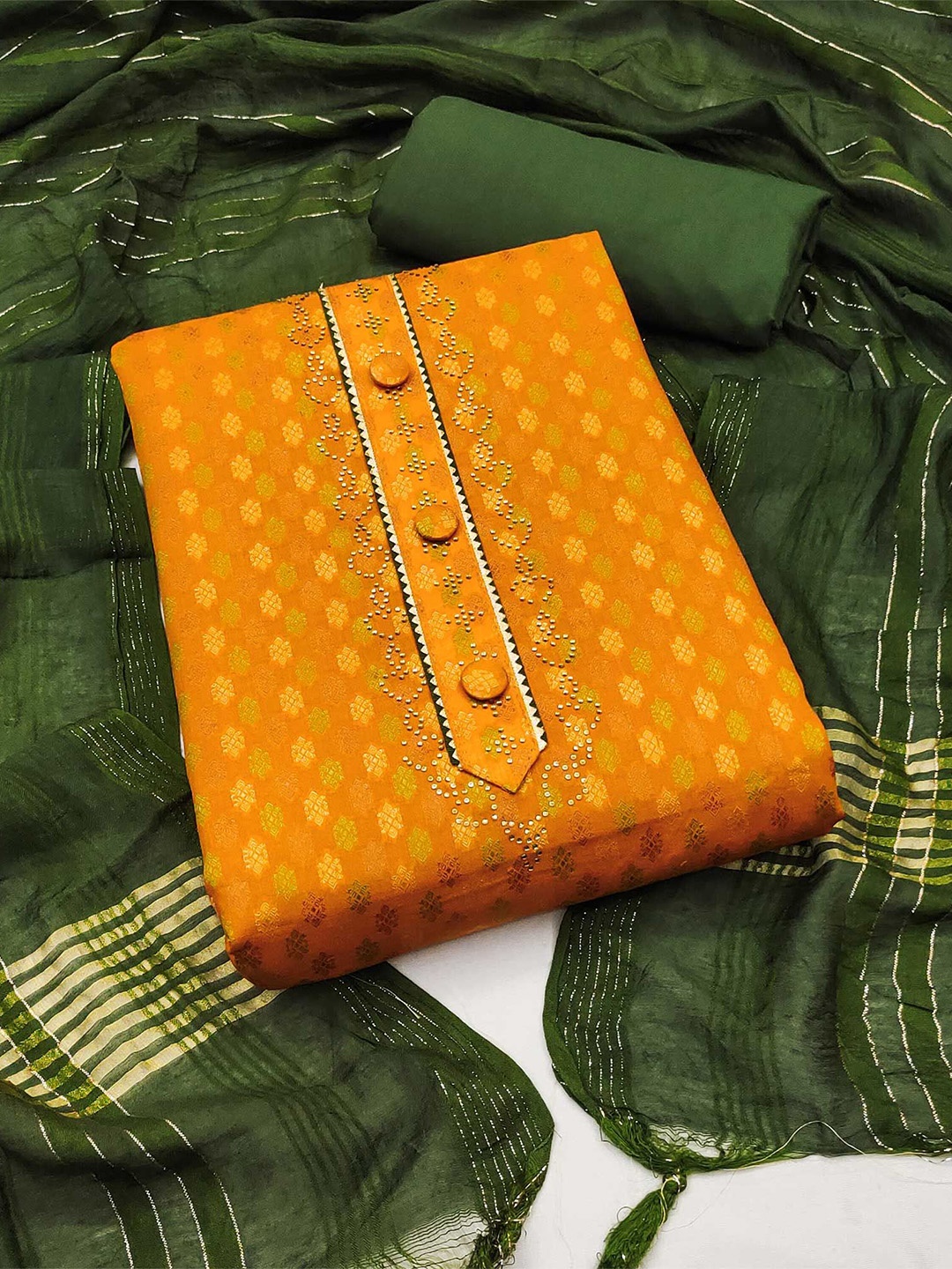 

Peachmode Ethnic Motifs Woven Design Beads & Stones Unstitched Dress Material, Mustard
