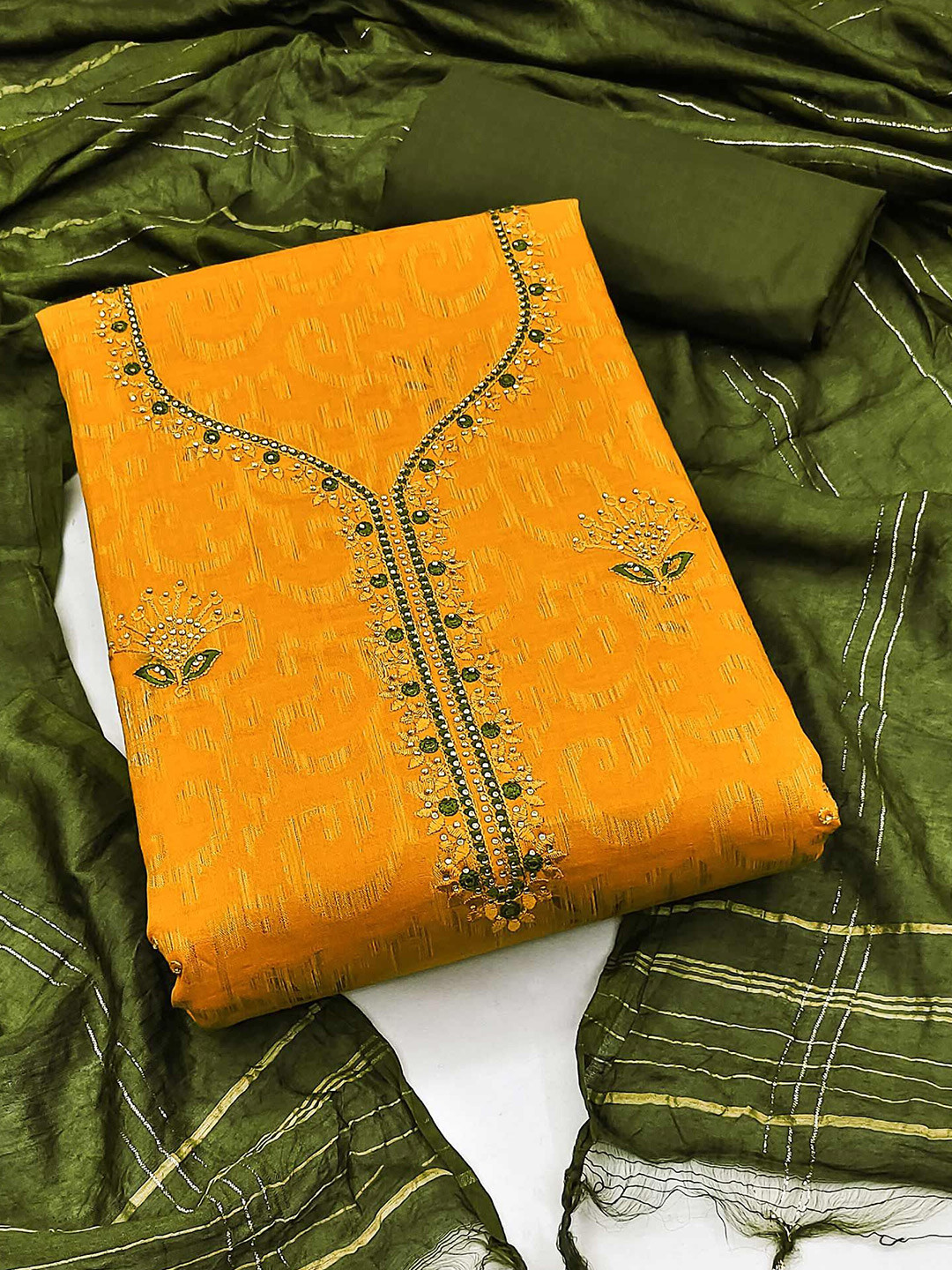 

Peachmode Ethnic Motifs Unstitched Dress Material, Mustard