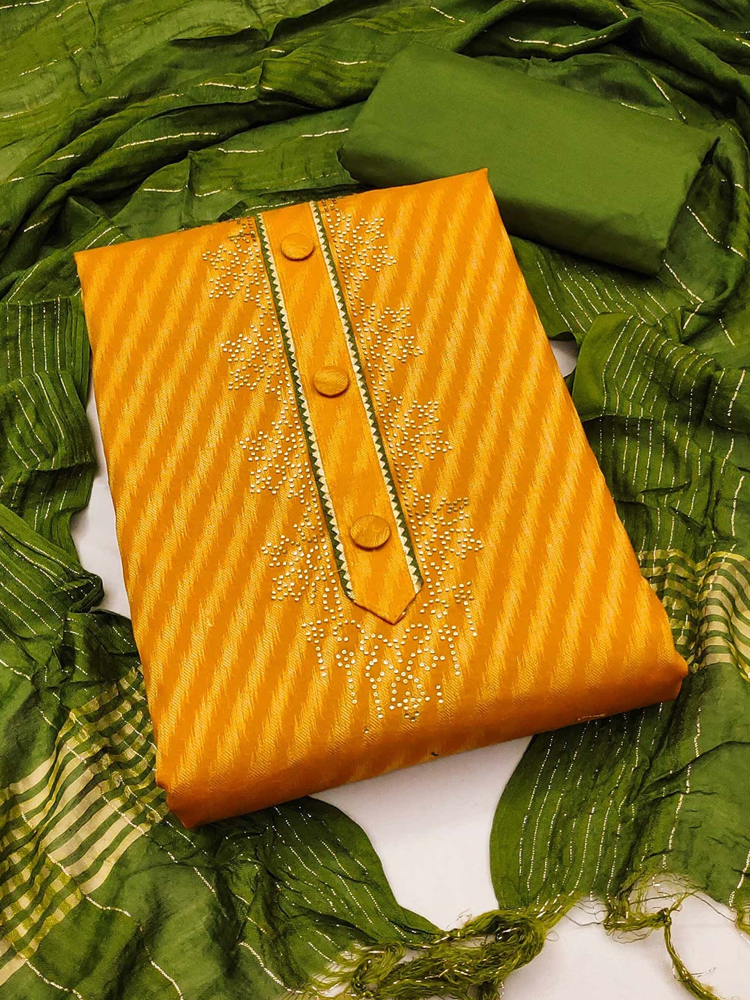 

Peachmode Striped Woven Design Zari Unstitched Dress Material, Mustard