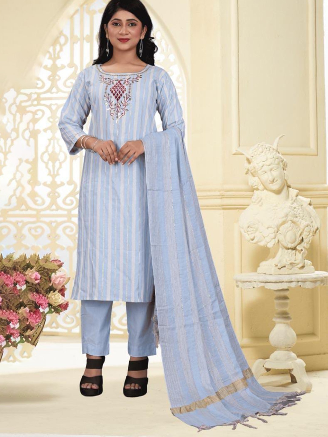 

S.K.C Round Neck Ethnic Motifs Embroidered Straight Kurta with Trouser & Dupatta, Turquoise blue
