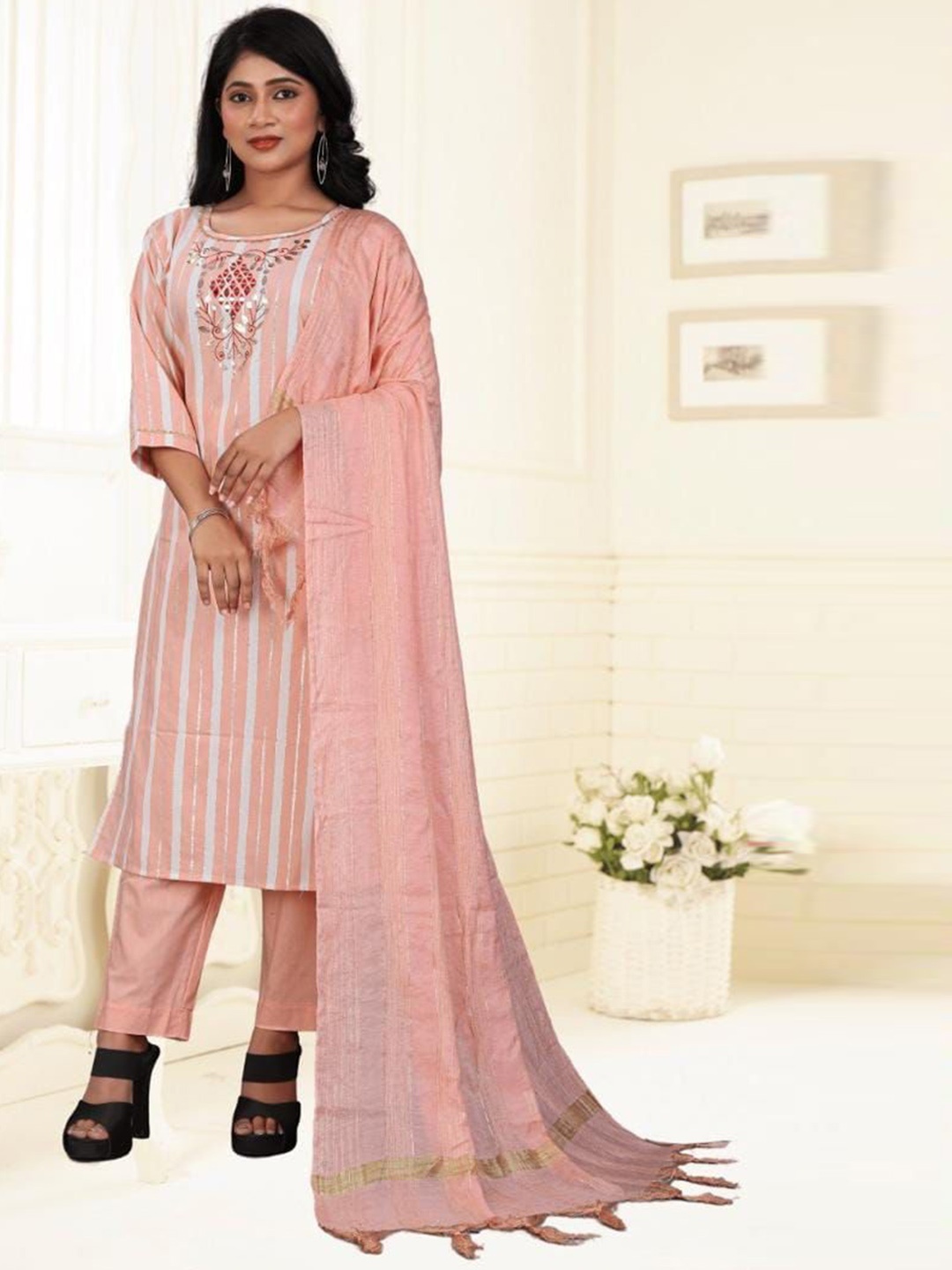 

S.K.C Round Neck Ethnic Motifs Embroidered Kurta with Pyjamas & Dupatta, Orange