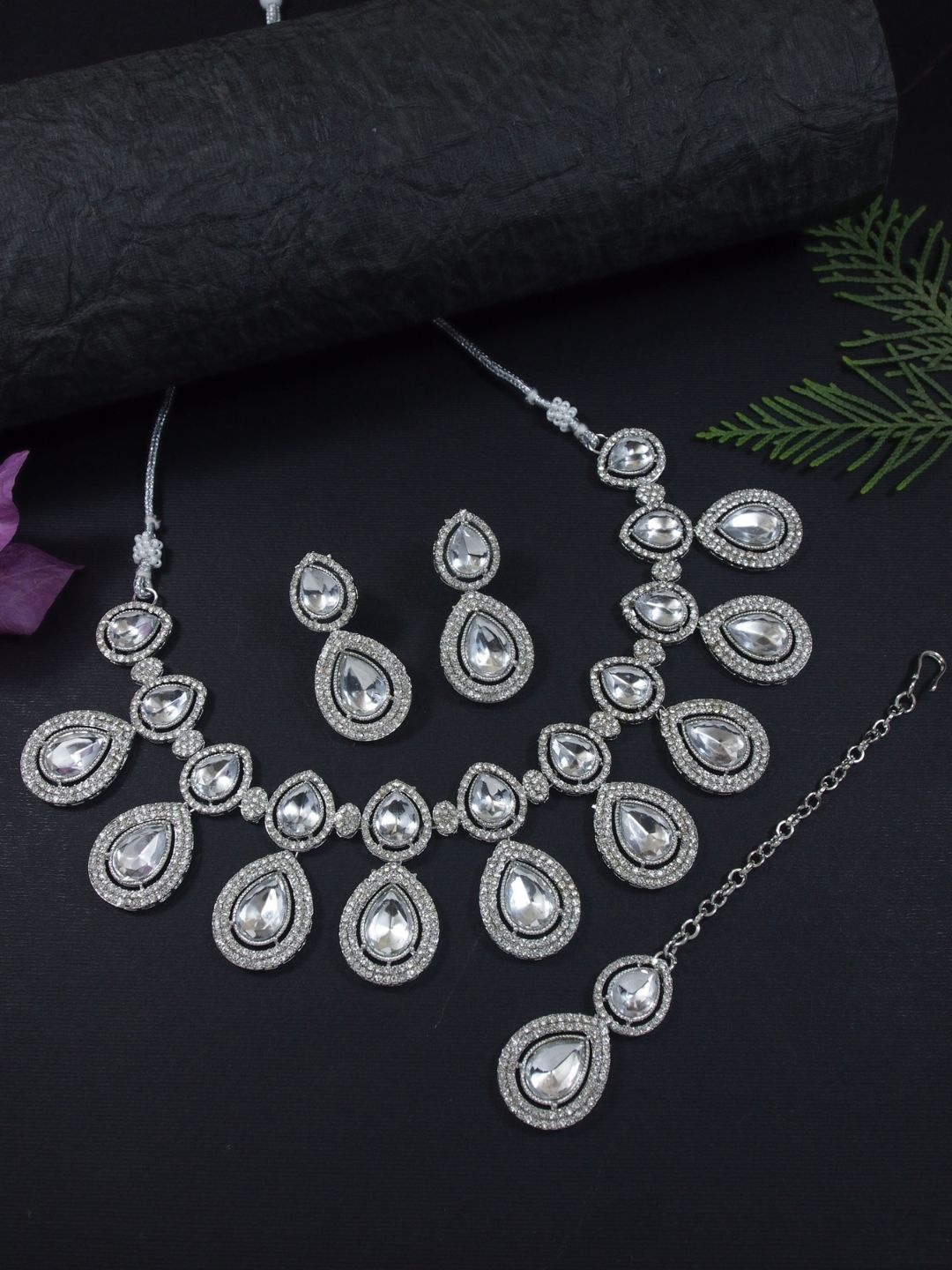 

I Jewels Women Silver-Plated Stone Studded Jewellery Set