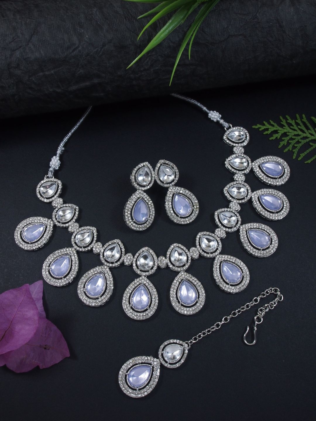 

I Jewels Women Silver-Plated Stone Studded Jewellery Set