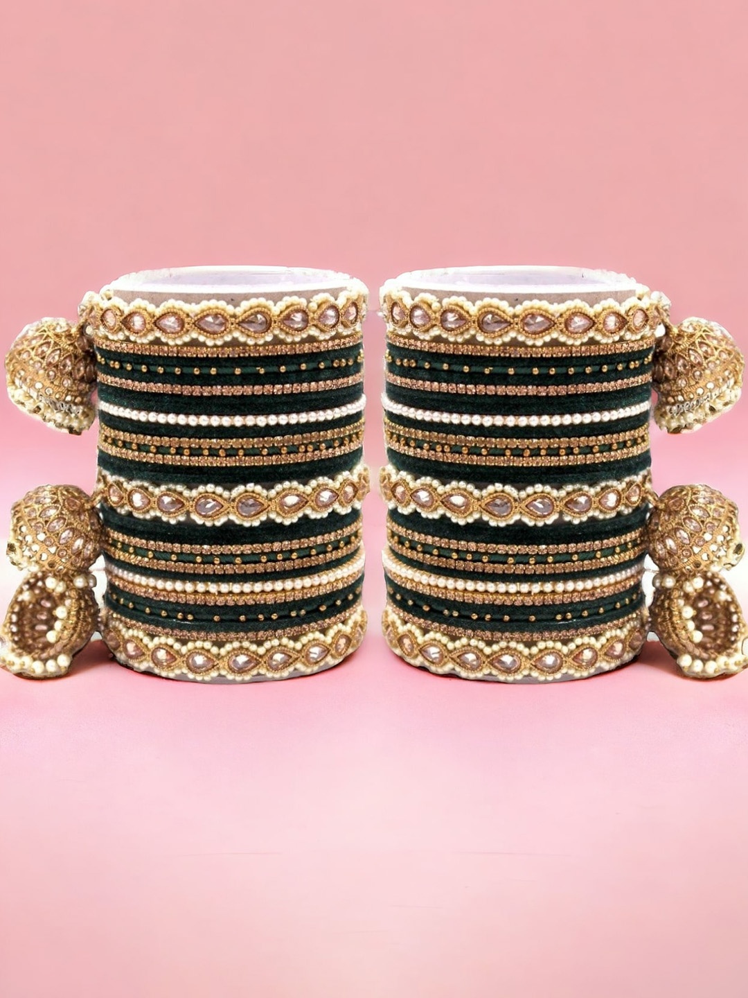 

leshya Set of 62 Brass-Plated Artificial Stone Studded Velvet Bangles, Gold