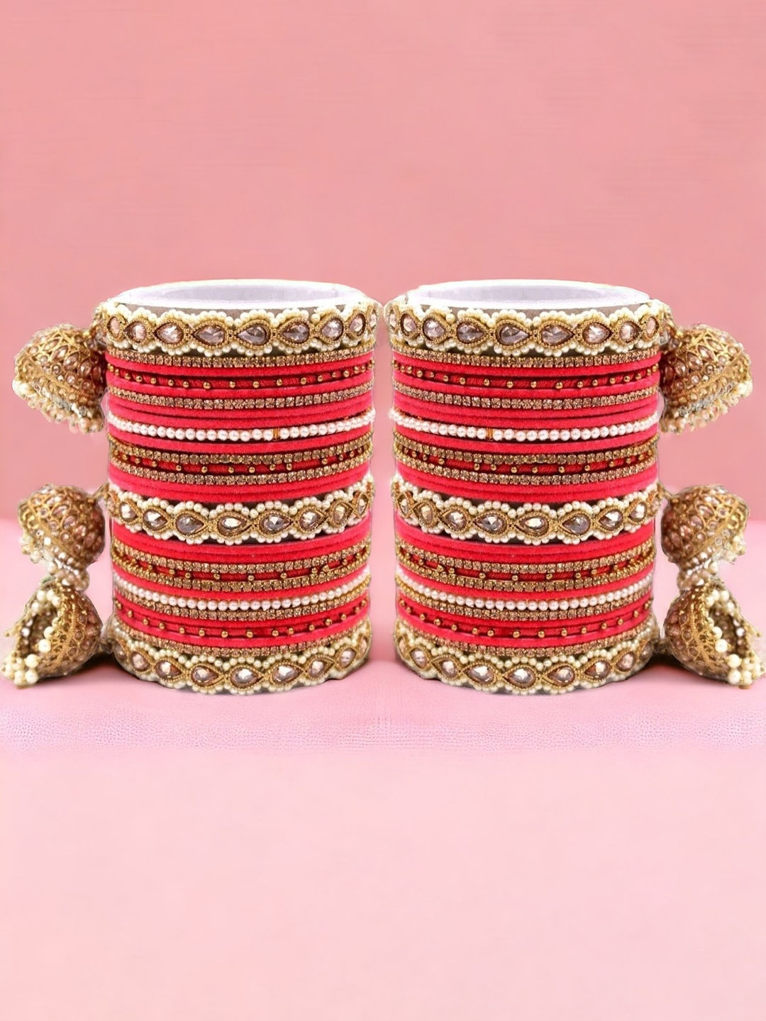 

leshya Set Of 62 Brass-Plated Stone-Studded & Beaded Bangles, Pink