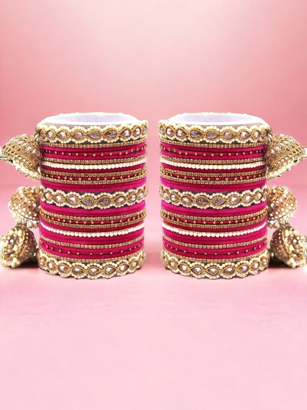 

leshya Set Of 62 Brass Plated Artificial Stones and Beads Bangles, Pink
