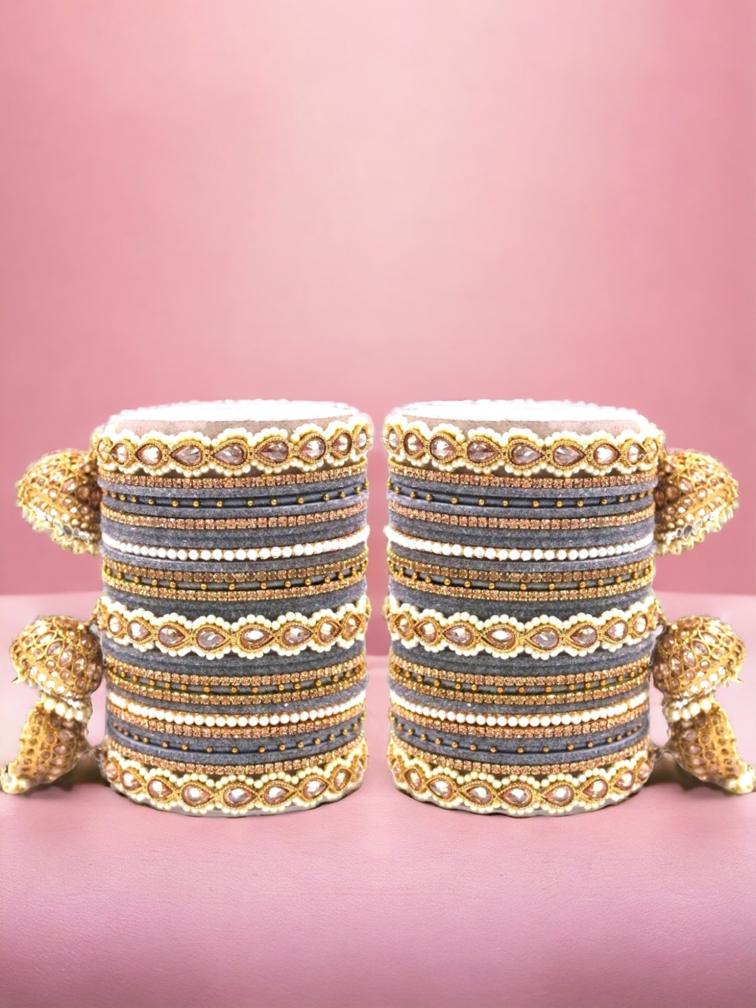 

leshya Set Of 62 Brass-Plated Artificial Stone-Studded Velvet Bangles, Gold