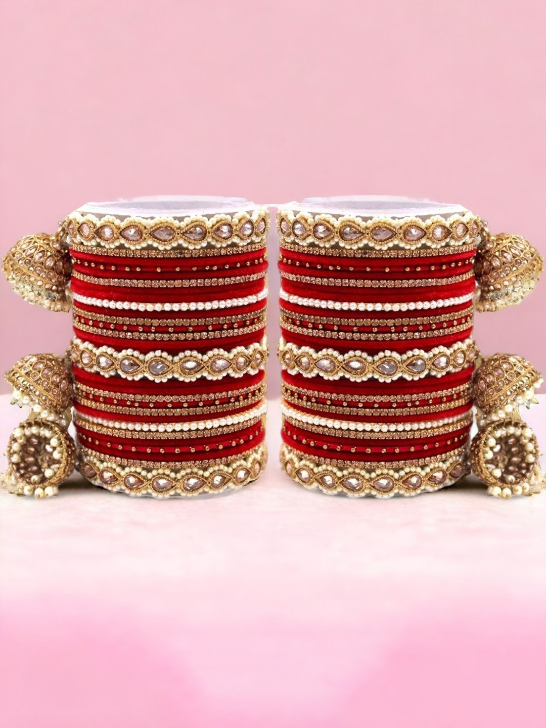 

leshya Set Of 62 Brass-Plated Stone-Studded & Beaded Bangles, Red