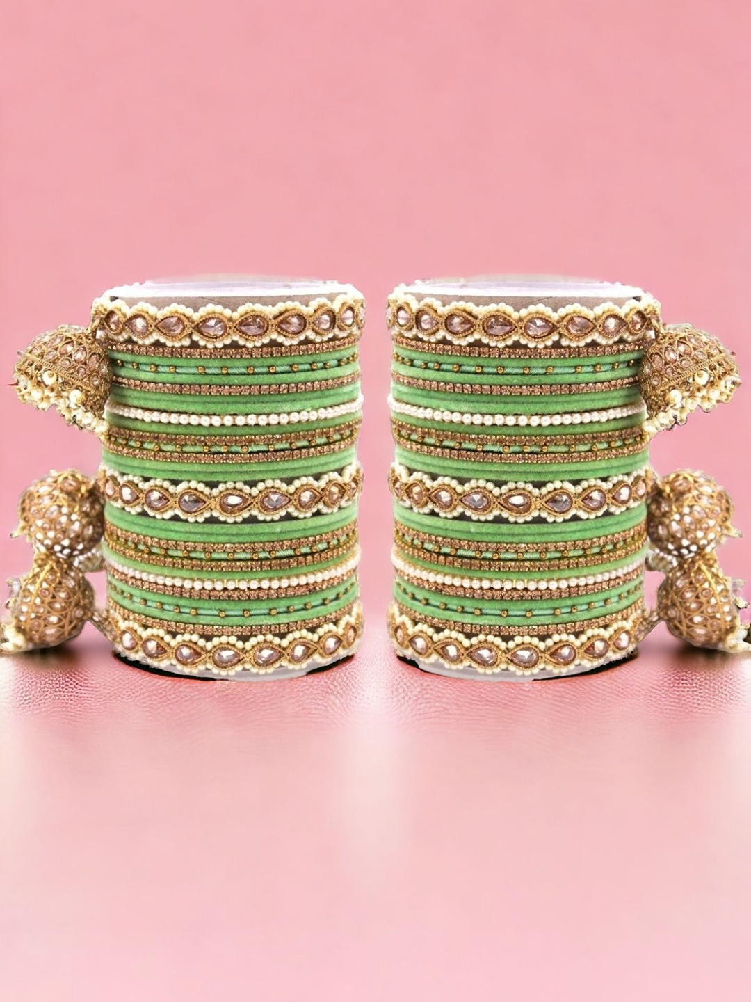 

leshya Set Of 62 Brass-Plated Stone-Studded & Beaded Bangles, Olive