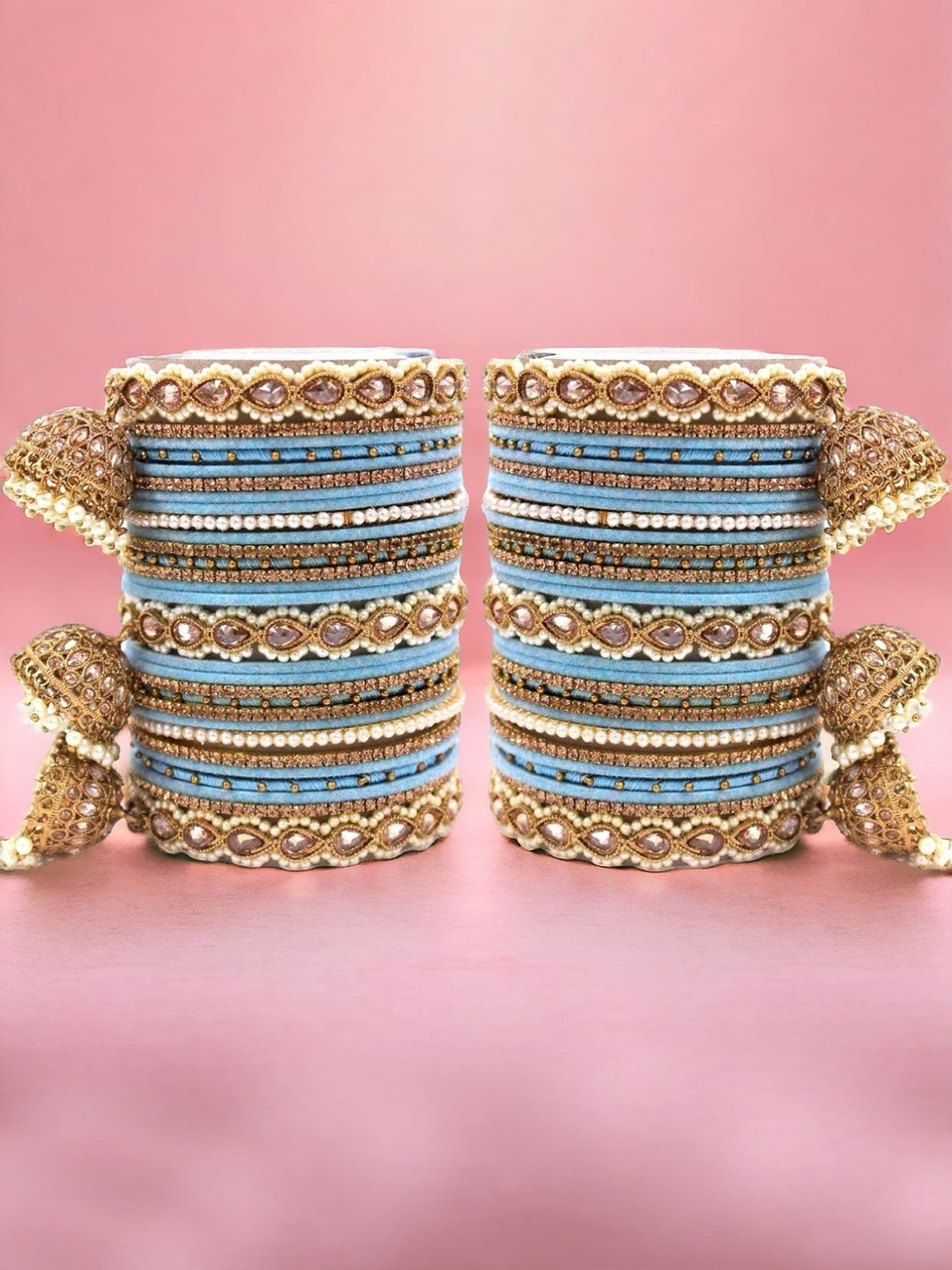 

leshya Set Of 62 Brass-Plated Stone-Studded & Beaded Bangles, Blue