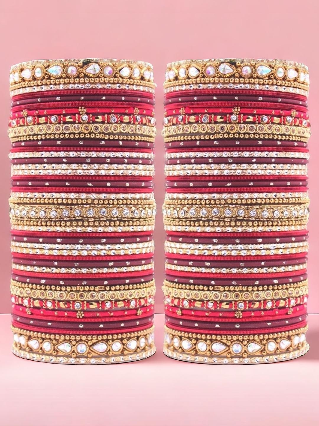 

leshya Set Of 86 Brass Plated Stones Studded & Beaded Bangles, Maroon