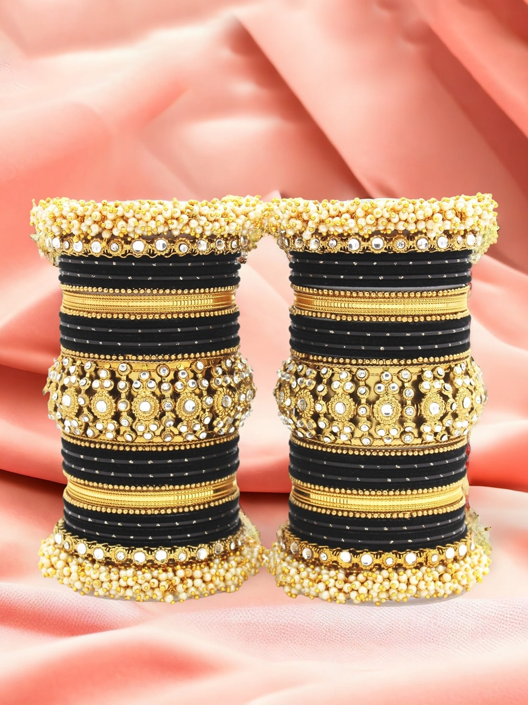 

leshya Set of 66 Brass-Plated Stone Studded & Beaded Bangles, Black