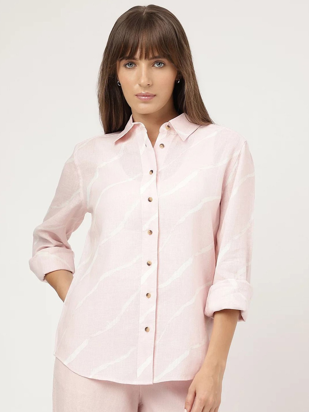 

Marks & Spencer Horizontal Striped Pure Linen Casual Shirt, Pink