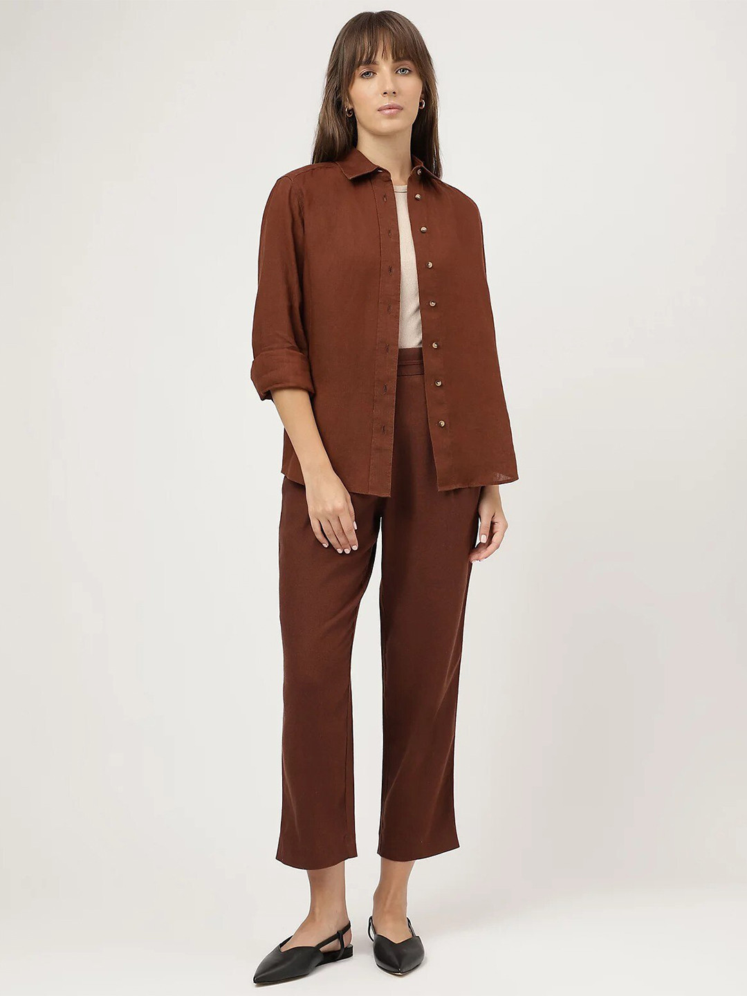 

Marks & Spencer Spread Collar Linen Casual Shirt, Brown