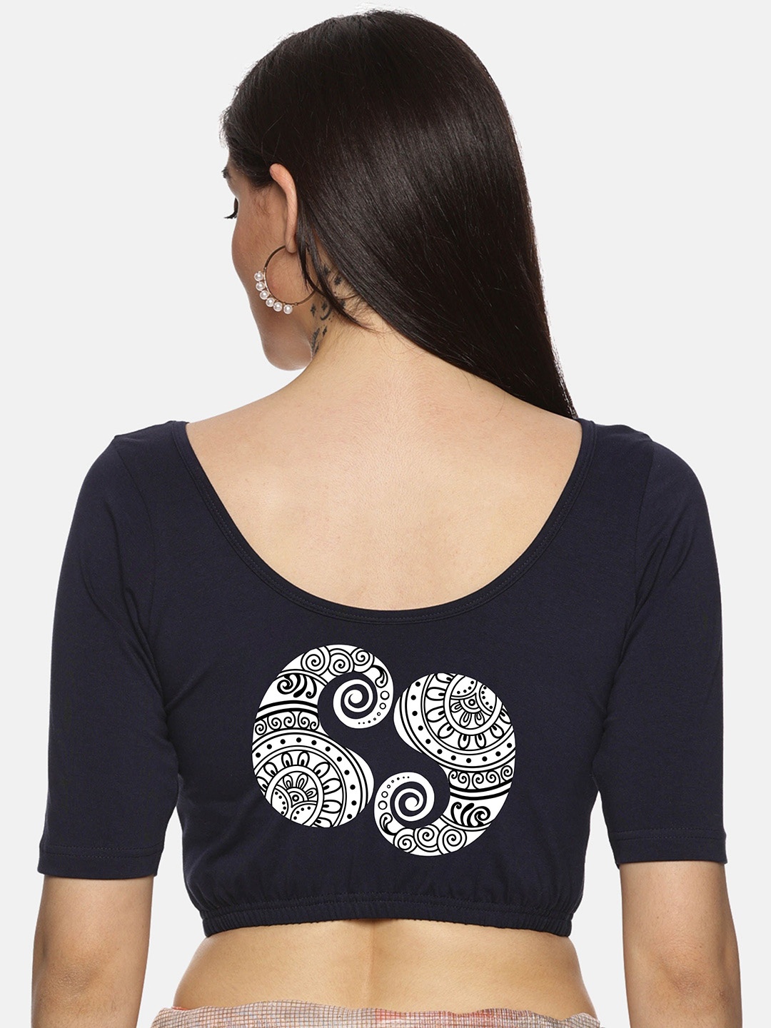

NOT YET by us Back Printed Stretchable Saree Blouse, Navy blue