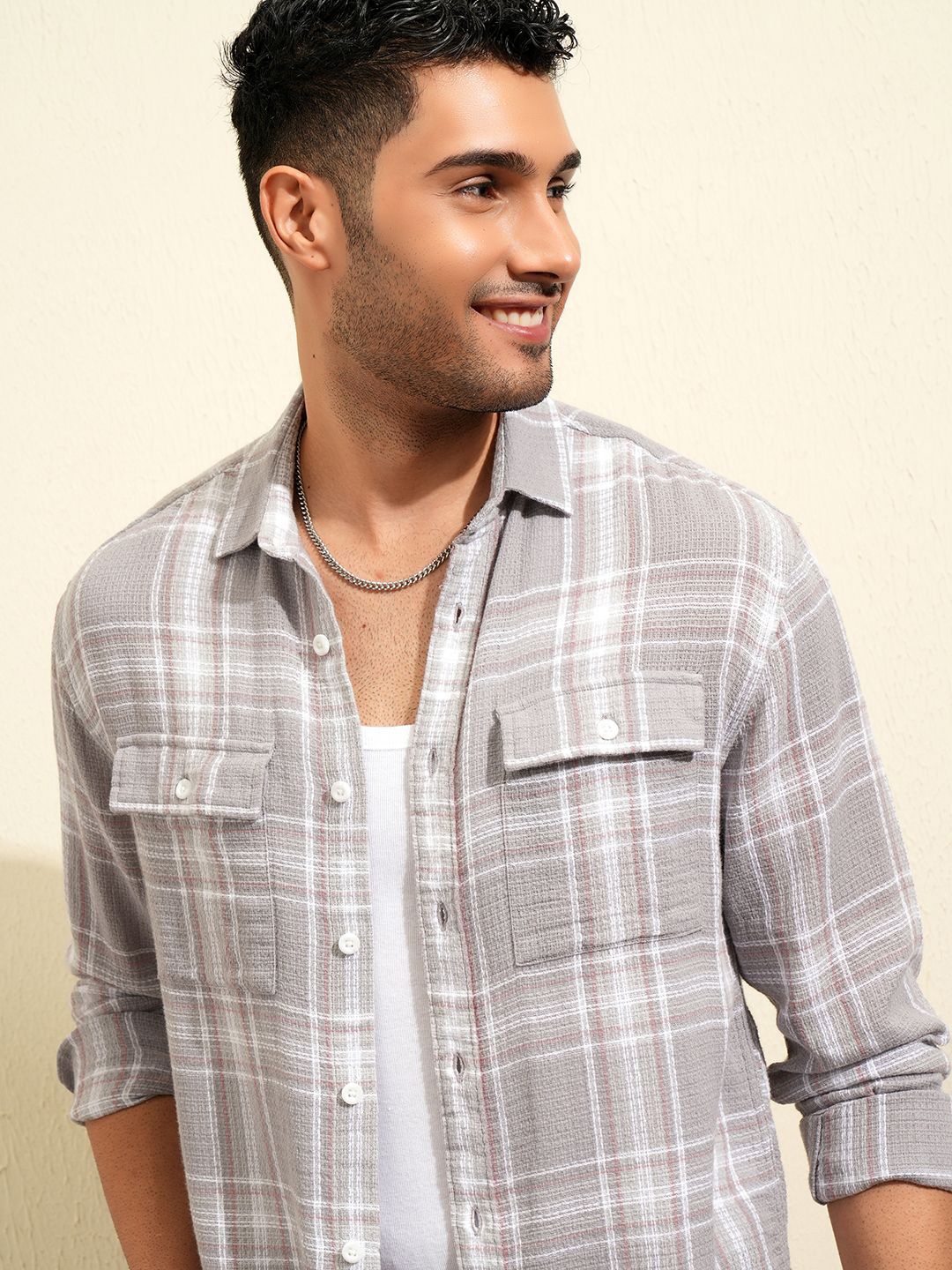 

LOCOMOTIVE Premium Grey Dobby Textured Checked Utility Pocket Relaxed Shirt