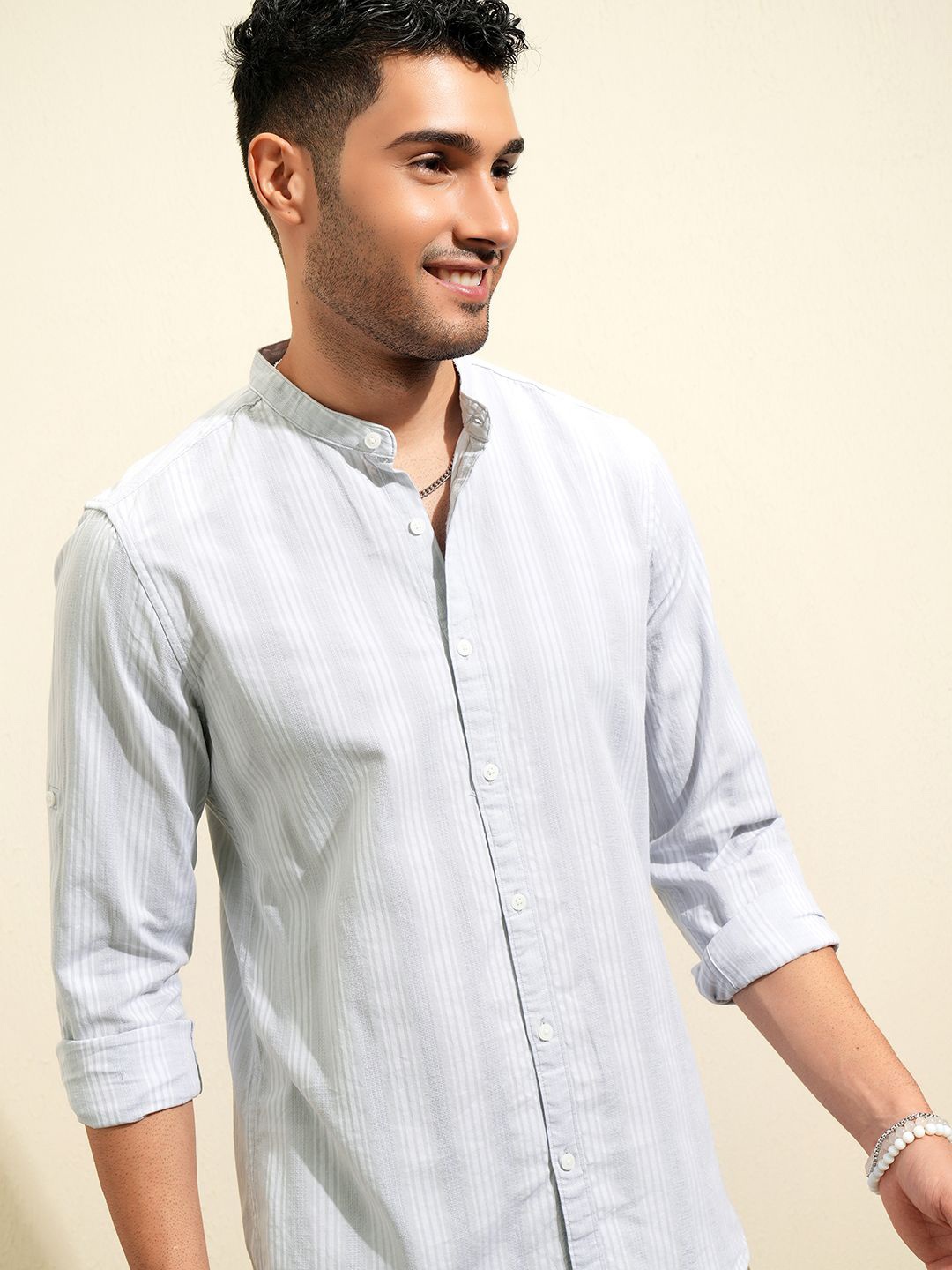 

LOCOMOTIVE Luxe Dobby Textured Stripped Mandarin Collar Cotton Casual Shirt, Grey